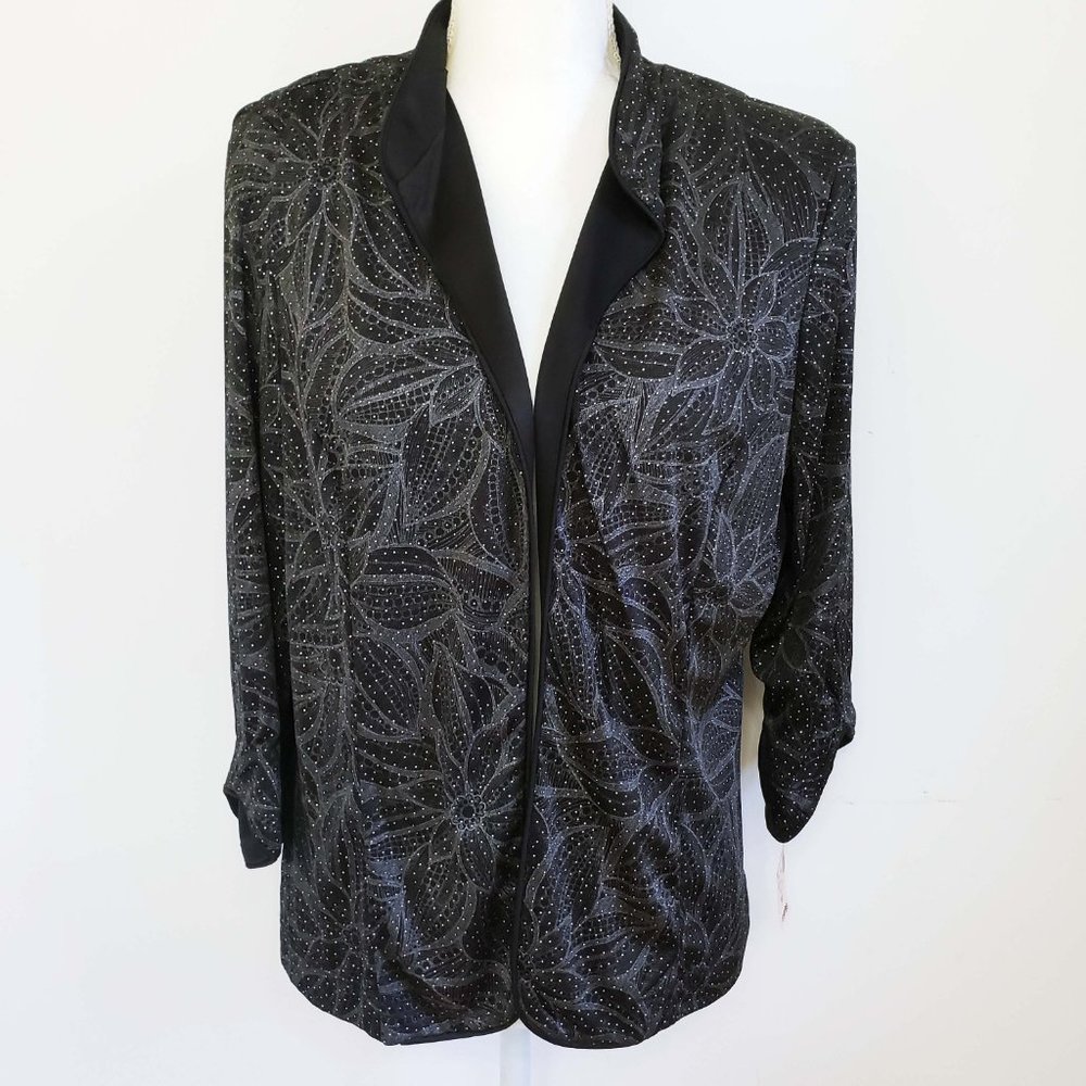 Collections Women's Black Silver Floral Semi Sheer Open Front Cardigan Jacket
